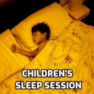 A young child, asleep in bed, is illuminated by a warm, yellow light. The child is nestled under printed bed covers, lying on a pillow with another pillow held beside them. The phrase "Dr. Scarpati - Relaxation Session" is prominently displayed on the image.