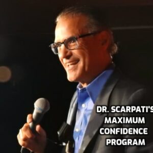 A man wearing glasses and a suit, holding a microphone, smiles as he speaks on stage. The text "DR. SCARPATI - RELAXATION SESSION" appears beside him. The background is dark with a few blurred lights.