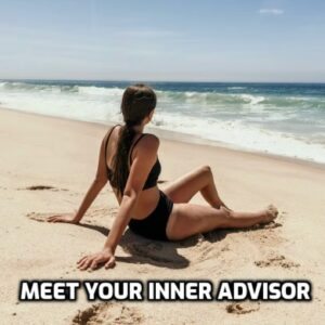 A person with long hair sits on a sandy beach, facing the ocean waves, with their back to the camera. They are wearing a black swimsuit. The text "MEET YOUR INNER ADVISOR - Dr. Scarpati Relaxation Session" is written at the bottom of the image.