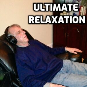 A man is sitting in a recliner with his eyes closed, wearing headphones. His hands are resting on the armrests, and he looks relaxed. Above him, bold text reads "Dr. Scarpati - Relaxation Session.