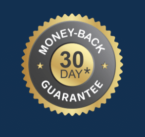 A circular badge with a gold and grey color scheme, featuring the text "30 Day* Money-Back Guarantee" in the center, against a dark blue background. The badge has a star on either side of the text.